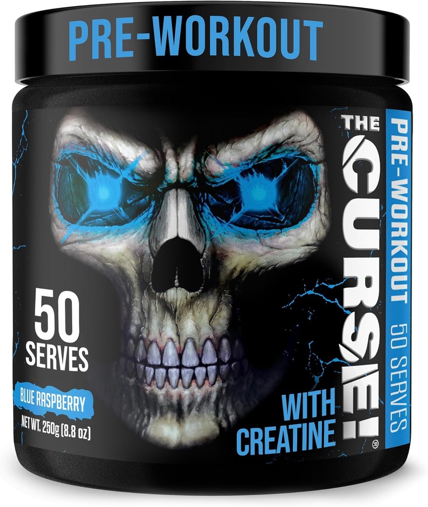 ¡JNX lanza la maldición! Pre Workout Powder for Men &amp; Women, Caffeine, Beta-Alanine, Creatine, L-Citrulline, 50 Servings, Blue Raspberry Flavor – Boost Energy, Strength & Focus