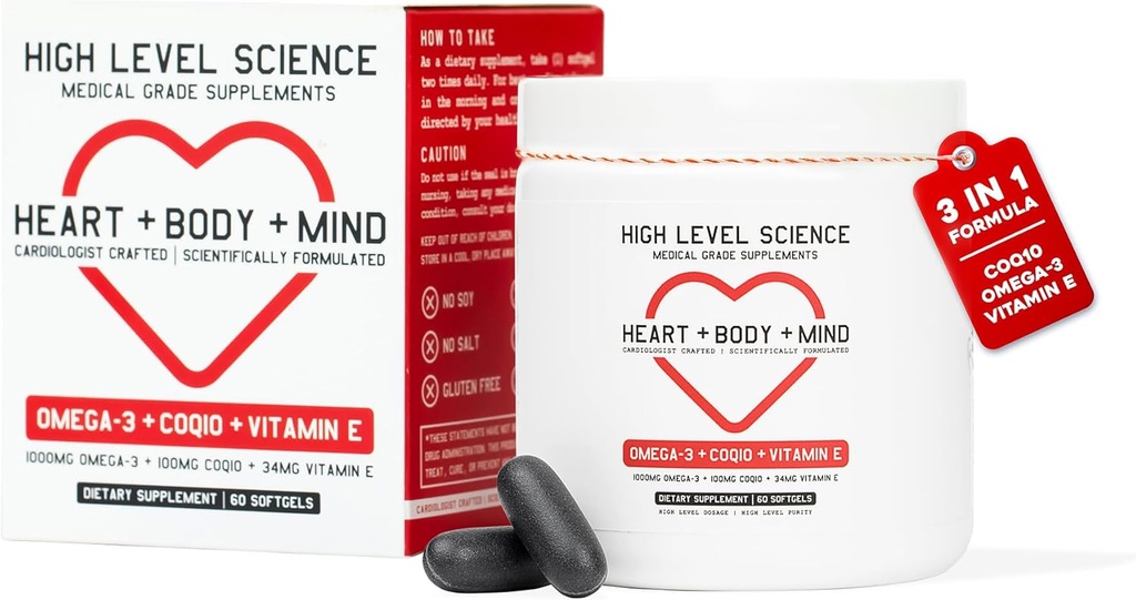 High Level Science CoQ10, Omega-3, Vitamin E - Cardiologist Formulated for Heart + Body + Mind Health with DHA/EPA, Antioxidant for Energy, Superior Bioavailable Fish Oil - Gluten Free, 60 Softgels