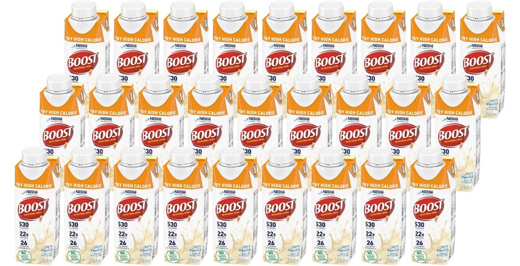 Boost Very High Calorie Nutritional Drink, Very Vanilla, 8 Ounce Box, Pack of 27