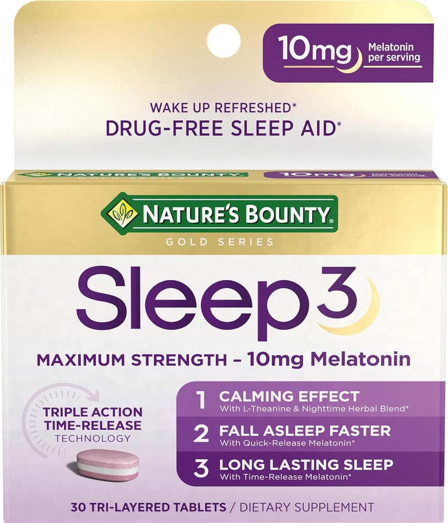 Nature's Bounty Melatonin, Sleep3 Maximum Strength 100% Drug Free Sleep Aid, L-Theanine & Nighttime Herbal Blend Time Release Technology, 10mg, 30 Tri-Layered Tablets