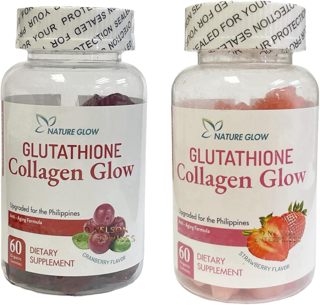 Natural Glow Glutathione Collagen Glow, 60 Gummies orgánicos Chewable (Strawberry (1Bottle) & Cranberry (1 Bottle))
