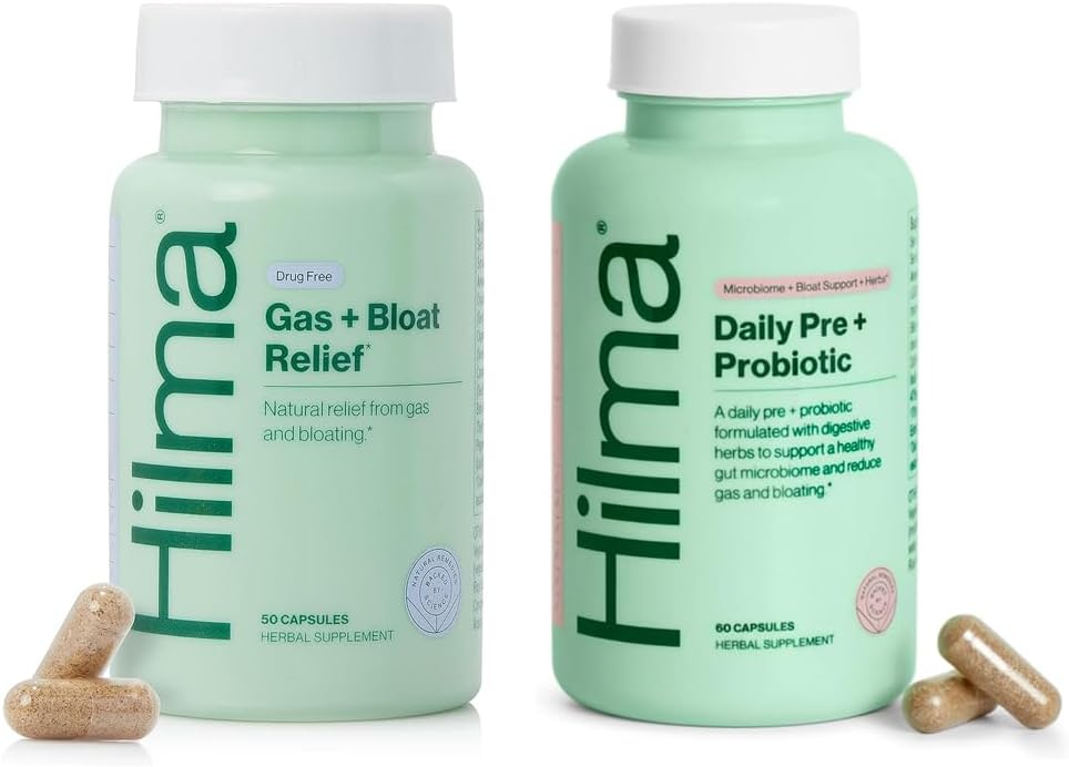 Hilma Healthy Gut & Bloat Support Bundle - Gas & Bloat Relief (50 Vegan Capsules) con Lemon Balm, Fennel &amp; Peppermint Leaf + Daily Pre &amp; Probiotic with Herbs (60 Vegan Capsules) para un Gut saludable
