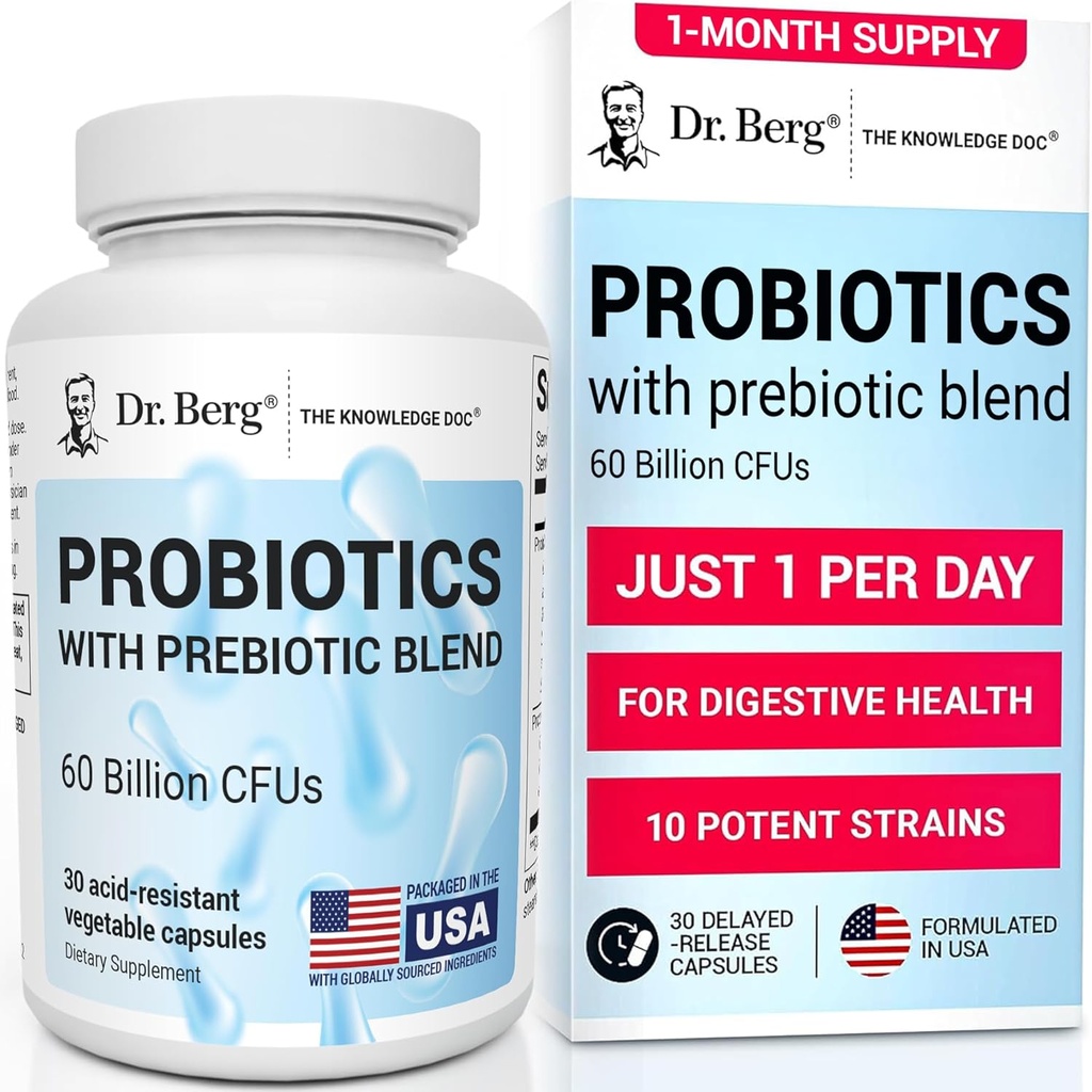 Dr. Berg Probiotic Supplement (60 Billion CFUs) - Helps Ease Occasional Constipation, Diarrhea, Gas " Bloating* - Pre and Probiotics for Digestive Health - 30 Probiotic Capsules