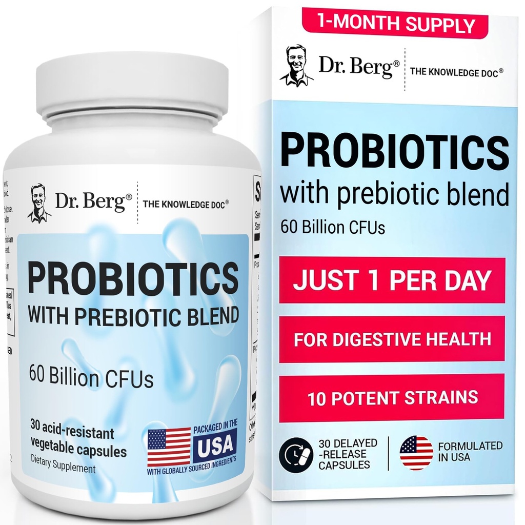 Dr. Berg Probiotic Supplement (60 Billion CFUs) - Helps Ease Occasional Constipation, Diarrhea, Gas " Bloating* - Pre and Probiotics for Digestive Health - 30 Probiotic Capsules
