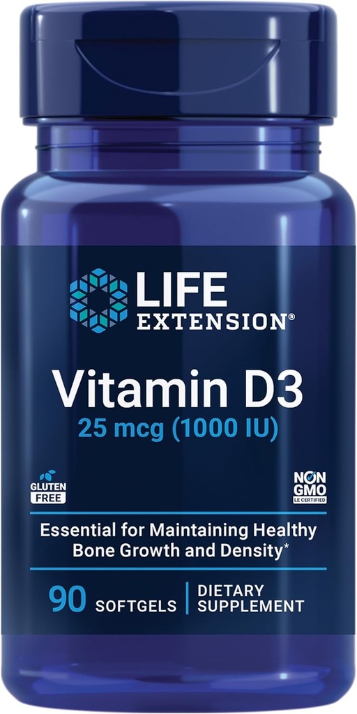 Extensión de la vida Vitamina D3 25 mcg (1000 UI), Apoyo al sistema inmunológico, Salud ósea, Salud integral, Tamaño del valor, Sin gluten, No GMO, 90 softgels