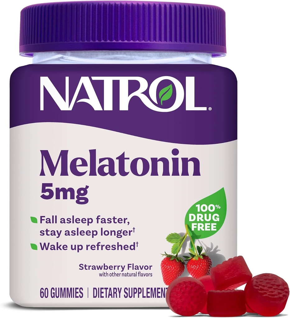 Natrol Melatonin Gummies, Apoyo al sueño, 60 Melatonina de adultos sabor a fresa, 5 mg Ayudas al sueño para adultos