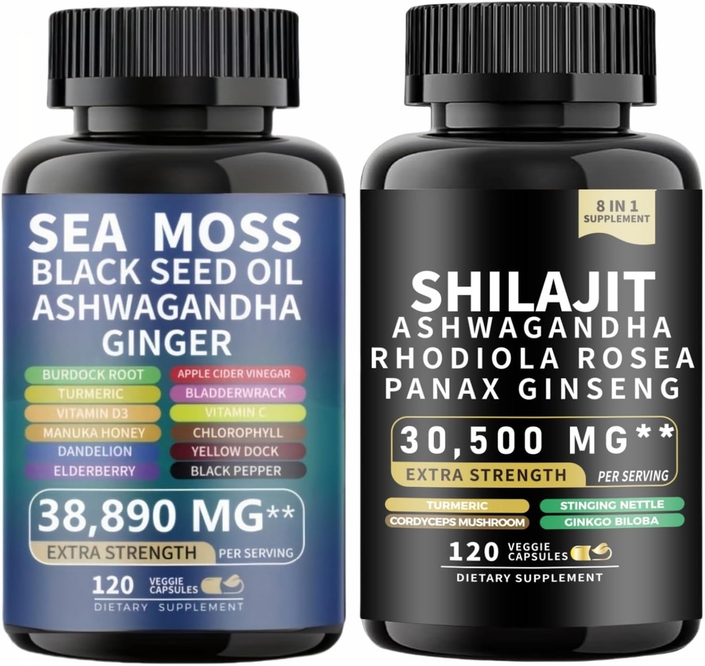 Sea Moss y shilajit Sea Moss Black Seed Oil Ashwagandha Ginger divideshilajit rhodiola rosea panax Ginseng (120 Conde)