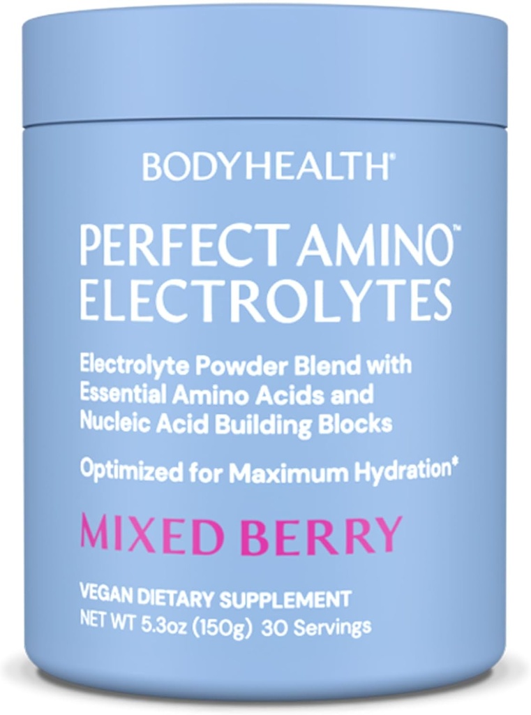 BodyHealth PerfectAmino Electrolytes Powder No Sugar, Keto Sugar Free Fasting Electrolytes Drink Mix, Hydration Powder with Trace Minerals - Mixed Berry - 30 Servings
