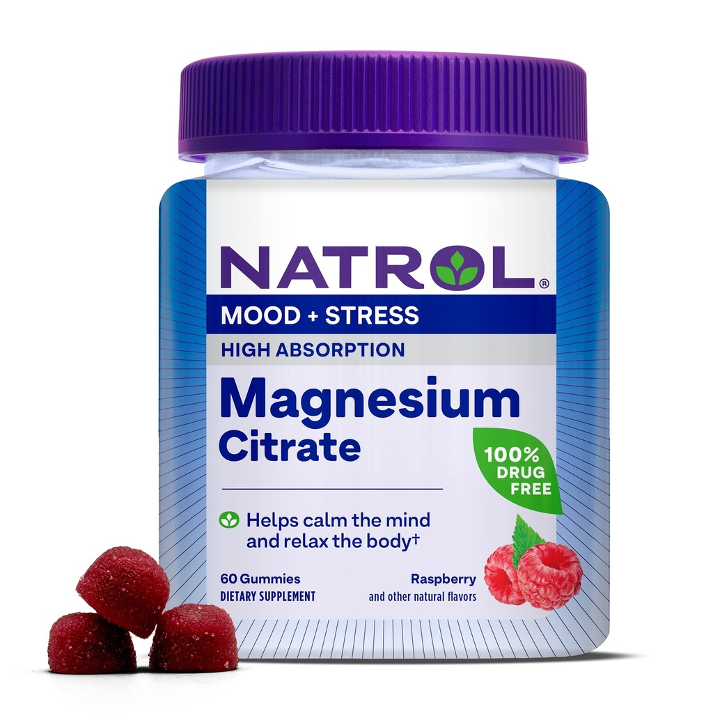 Natrol Magnesio Citrato, Alta Absorción Suplemento de Magnesio para Mood y Estrés, ayuda a calmar la mente y relajarse El cuerpo, 60 gomas de sabor a frambuesa, hasta un suministro de 30 días