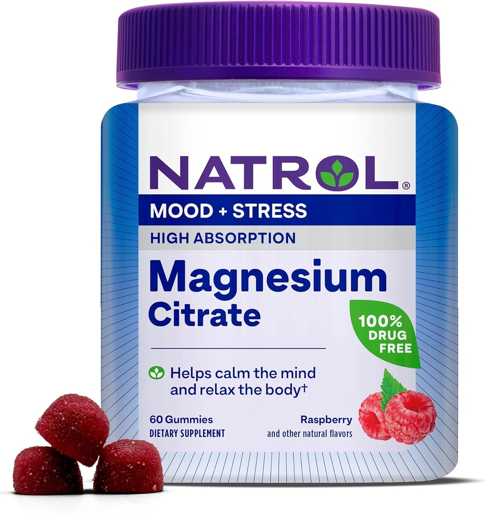 Natrol Magnesio Citrato, Alta Absorción Suplemento de Magnesio para Mood y Estrés, ayuda a calmar la mente y relajarse El cuerpo, 60 gomas de sabor a frambuesa, hasta un suministro de 30 días