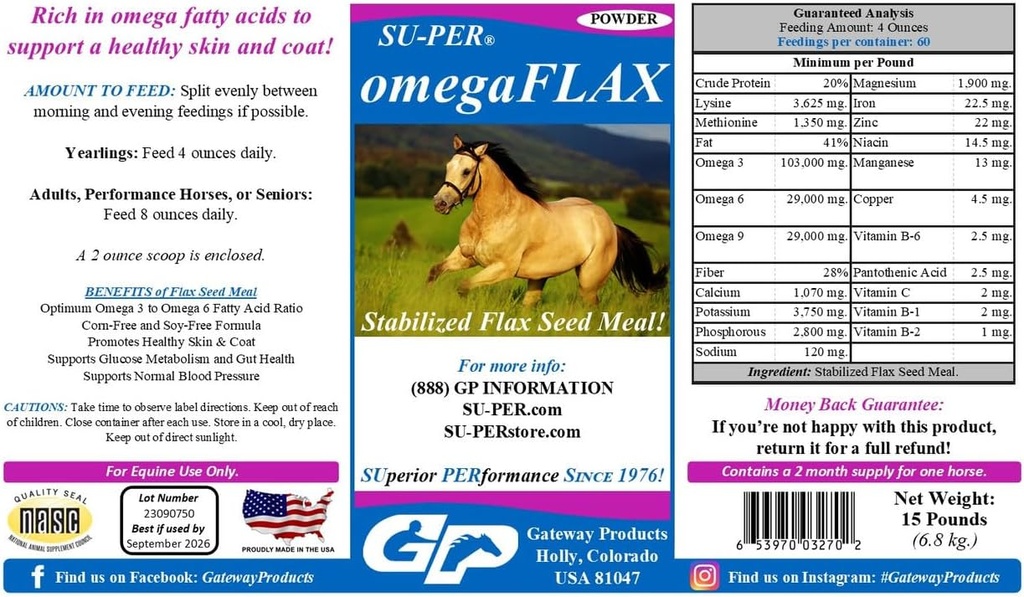 SU-PER OmegaFLAX Flax for Horses - Premium Stabilized Flax Seed Meal & Omega 3 Suplemento - Soportes Saludable Skin " Coat - 15 libras
