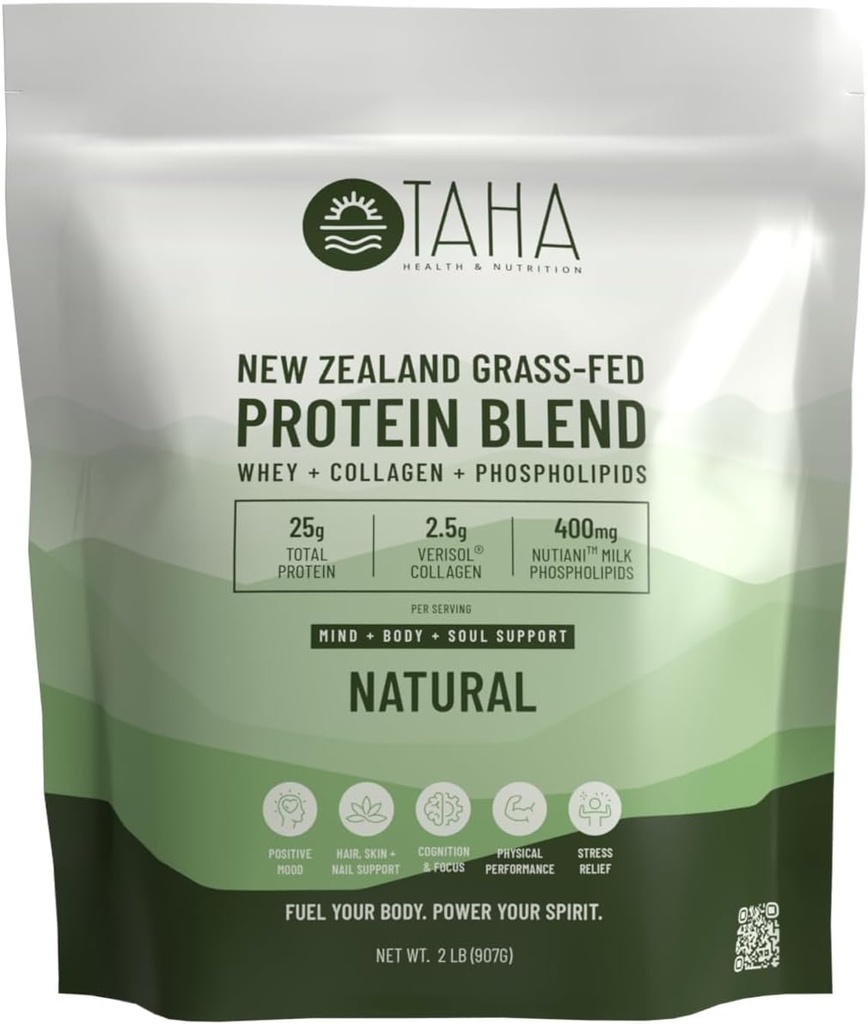 Taha Health & Nutrition Mind + Body Protein Blend – Natural, Unflavored | 25g Protein from Whey & Collagen + 400mg Milk Phospholipids | Grass-Fed, Free-Range New Zealand Dairy | 2LB