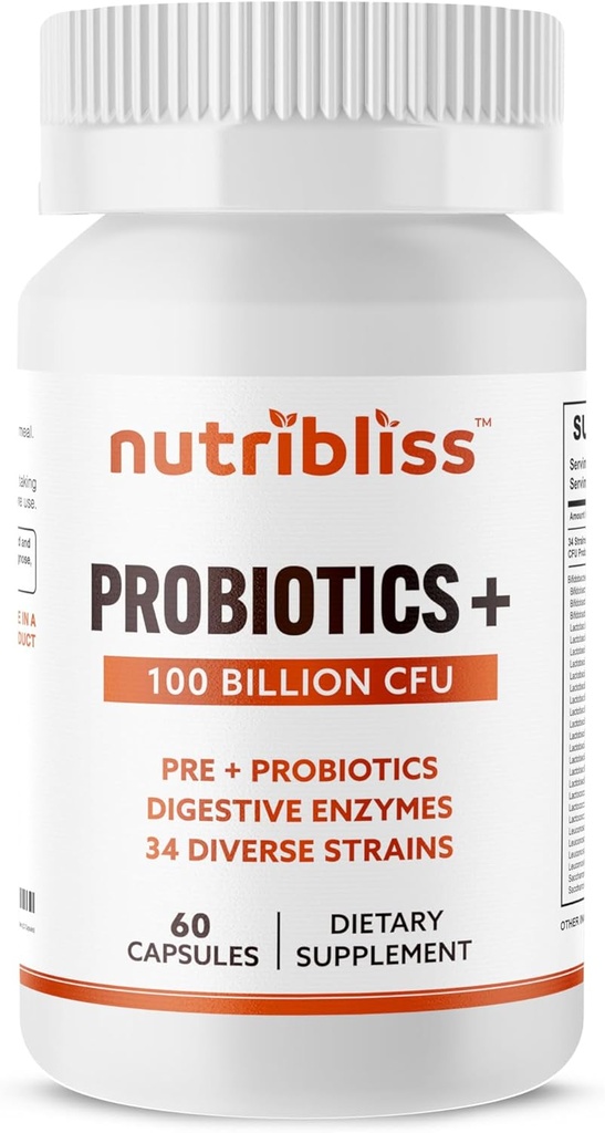 Probióticos para Enzimas Digestivos Mujer con Prebióticos 100 Billones CFU 34 Strains Supports Estreñimiento, Diarrea, Gas &amp; Bloating (60 cápsulas)