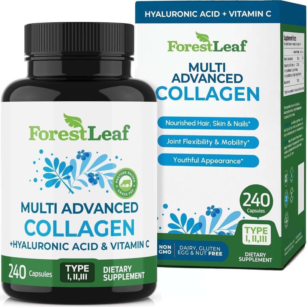 Pilles multi colágeno ForestLeaf - Collagen Hombres Collagen Mujeres - Suplementos de colágeno hidrolizado con vitamina C & ácido hialurónico - Colágeno cápsulas para el cabello, piel y uñas (240 Peptide Capsules)
