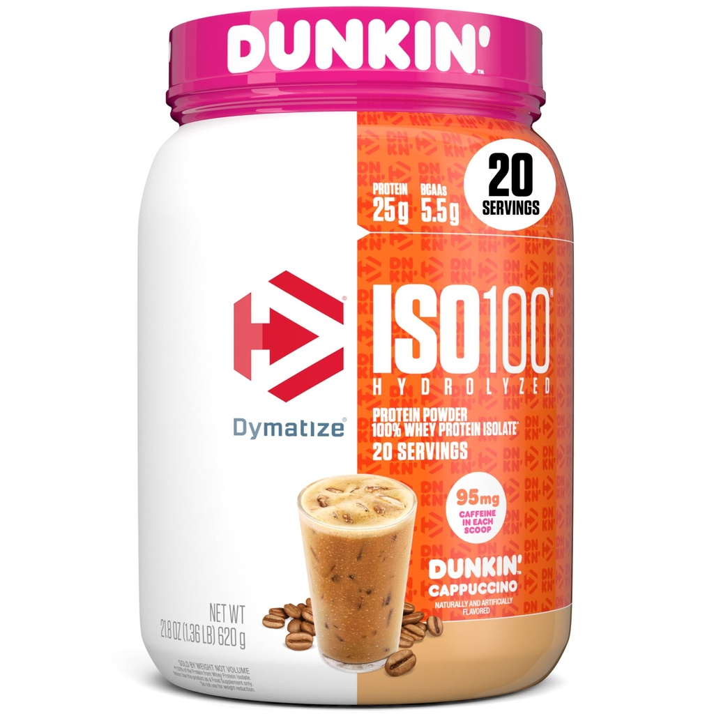 Dymatize x Dunkin' Cappuccino ISO100 Whey Protein Powder, 95mg Caffeine, 25g de Protein5.5g BCAAs, 120 Cal., Gluten Free, 1g Fat, 1g Sugar, 2g Carb (20 Servings)