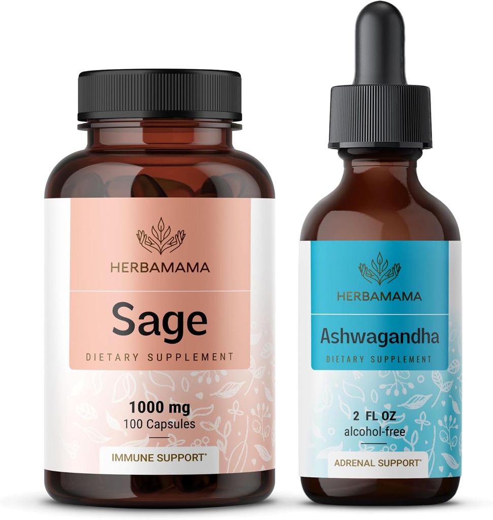 HerBAMAMA Sage and Ashwagandha Kit - Bundle of 1000 mg Sage Leaf Capsules " Ashwagandha Root Tincture 2 fl oz - Vegan, Non-GMO, Sugar " Alcohol-Free - 2 Pack