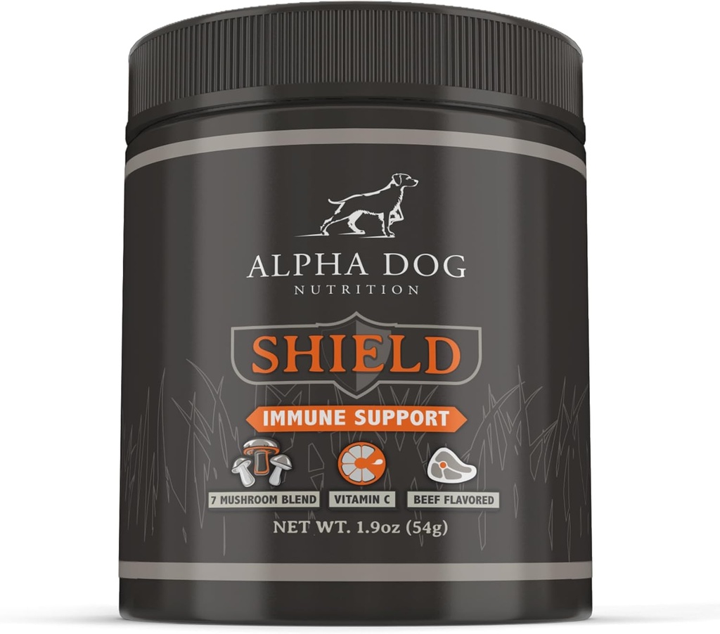 Shield Alergy Immune Support Supplement for Dogs by Alpha Dog Nutrition - 7 Nutritional Mushroom Powder Complex + Vitamina C to Boost Immunity - Up to 60 Servings for Small Breed Dogs, 54g