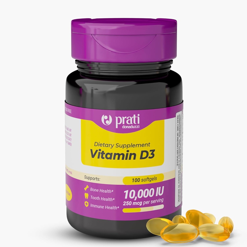 Vitamina D3 10,000 UI – 100 Softgels – Soporta el sistema de defensa, la salud ósea y muscular – Tamaño familiar