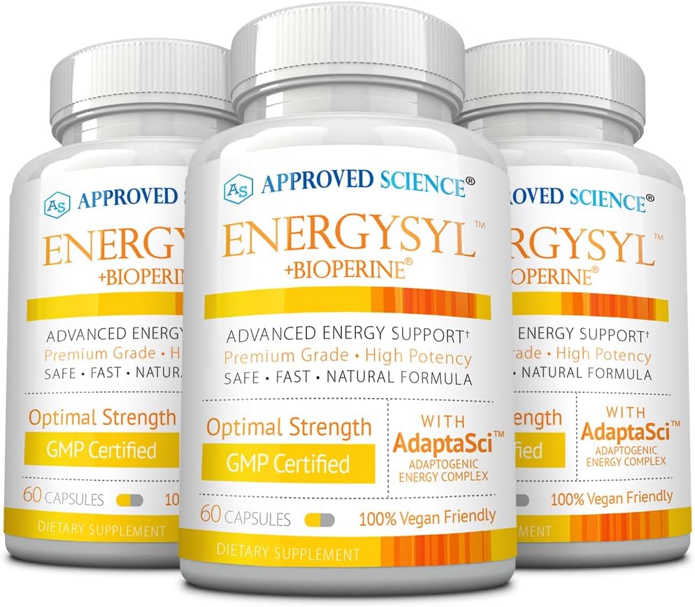 Approved Science Energysyl - Caffeine Free - with Adaptogens, B Vitamins, and Bioperine - 3 Month Supply - 180 Capsules