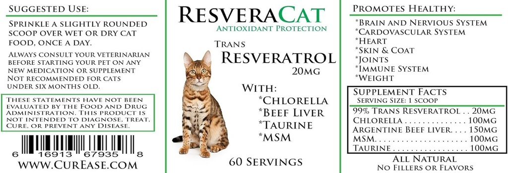 ReveraCat Anti Aging Cat Fórmula 99% Trans Resveratrol Powder, MSM, Taurine, Chlorella, Beef Liver