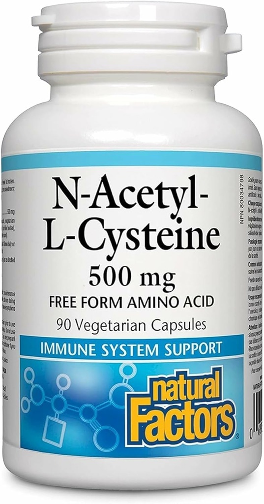 Factores naturales N-Acetyl-L-Cysteine 500 mg - Apoyos Hígados saludables " Pulmones - Apoyo al antioxidante Apoyo Suplemento Asistencias Sistema inmunitario Salud - 90 cápsulas vegetarianas (90 piezas)