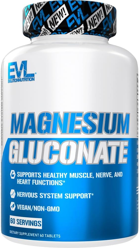 Evlution Nutrition Magnesium Gluconate - Muscle + Nerve + Heart Health Supplement - Nervous System Support - Vegan &amp; Non-GMO - 60 Servings