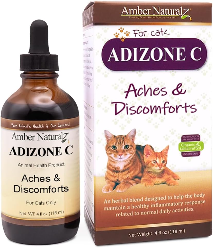 Amber NaturalZ Adizone C Suplemento Herbal para gatos tóxicos Soporta una respuesta inflamatoria saludable, molestias ocasionales y función conjunta normal ← Ayuda natural para las líneas activas y de envejecimiento