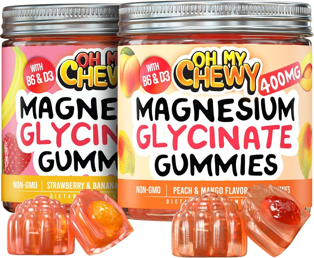 Magnesium Gummies Bundle – 2 Botellas (60 Cada uno) – Strawberry Banana & Peach Mango