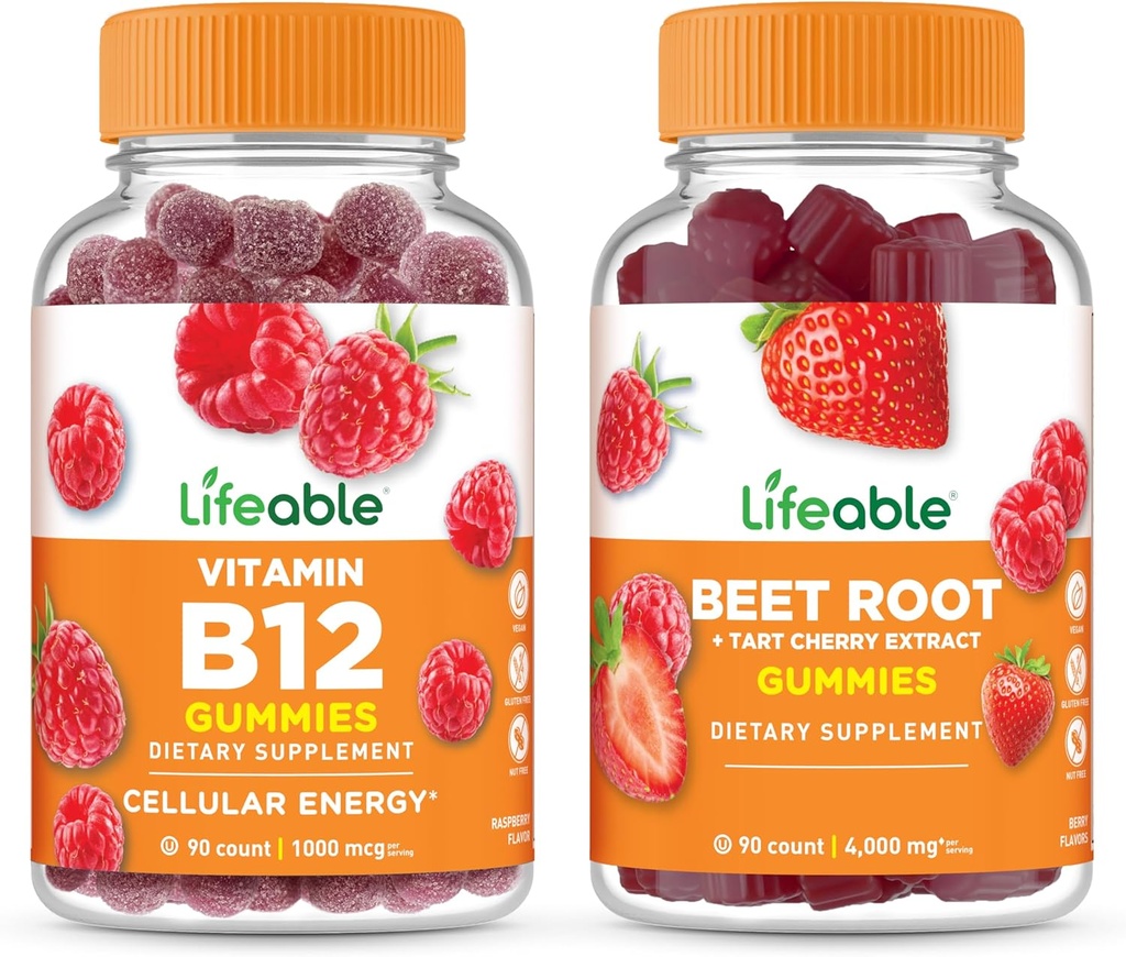 Lifeable Vitamin B12 + Beet Root, Gummies Bundle - Gran Tasting, Suplemento de vitamina, Gluten Gratis, GMO Gratis, Chewable