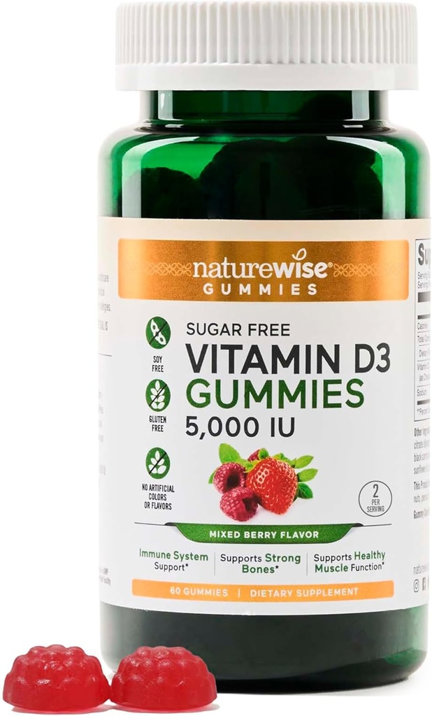 NatureWise Vitamina D3 5000 UI Gummies - Sabor mixto sin azúcar - Gummies de vitamina D para adultos, soporta inmunidad, fuerza muscular y ósea - Gelatin-Free, no GMO- 60 Gummies[1-Month Supply]