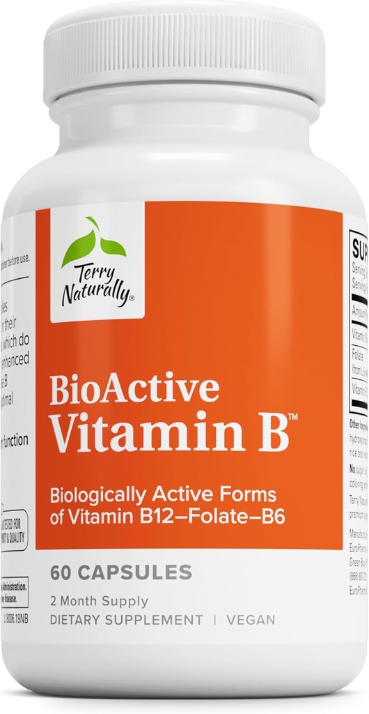 Terry Naturalmente BioActive Vitamina B - Ayuda Heart Health con vitaminas B bioactivas - Suplemento con Folate &amp; Calcio - B Complex Vitamin to Aid Nervous System Function - 60 cápsulas