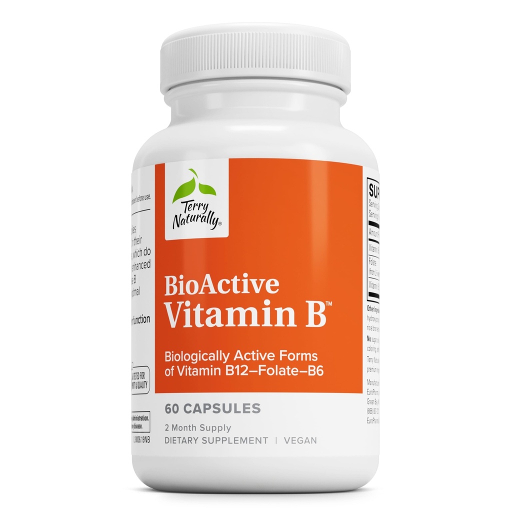 Terry Naturalmente BioActive Vitamina B - Ayuda Heart Health con vitaminas B bioactivas - Suplemento con Folate &amp; Calcio - B Complex Vitamin to Aid Nervous System Function - 60 cápsulas