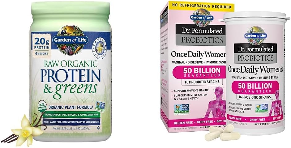Jardín de la vida Proteína orgánica cruda &amp; Verdes Vainilla - Polvo de proteína vegana para probióticos femeninos " Dr. Formulated Probiotics Once Daily, 16 Strains, 50 Billion, 30 Cuenta