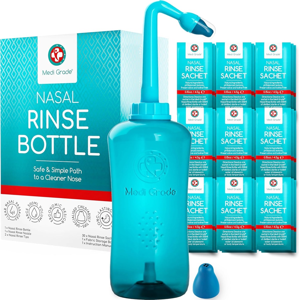 Medi Grade Sinus Rinse Bottle, 500ml con 30 Sinus Rinse Packets - Completa Nasal Irrigation System - Neti Pot Nose Cleaner - Nasal Wash Kit para el hogar o viaje - 2 Nasal Rinse Consejos y bolsa de almacenamiento