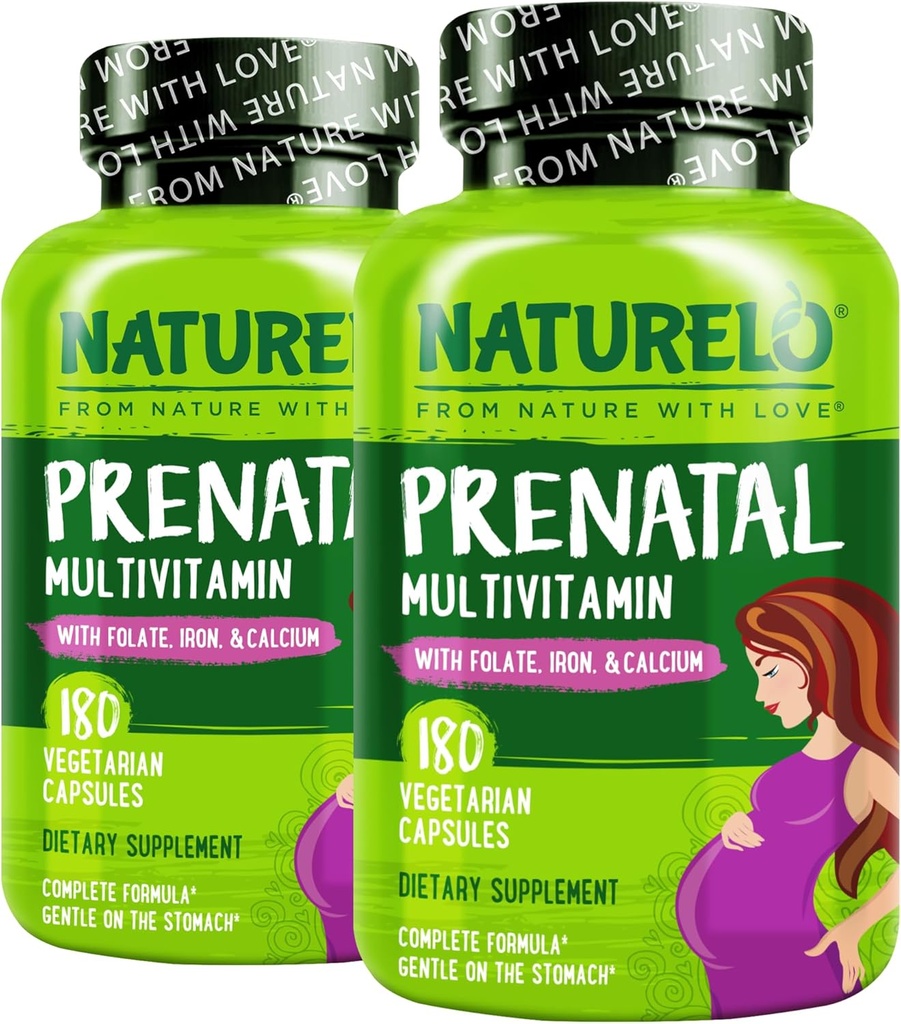 NATURELO Multivitamina prenatal con hierro suave Chelated, folato de metil, calcium vegetal " Choline - Vegan, Vegetariano - No Gluten Gratis - 180 Capsules - 4 Month Supply (Pack of 2)