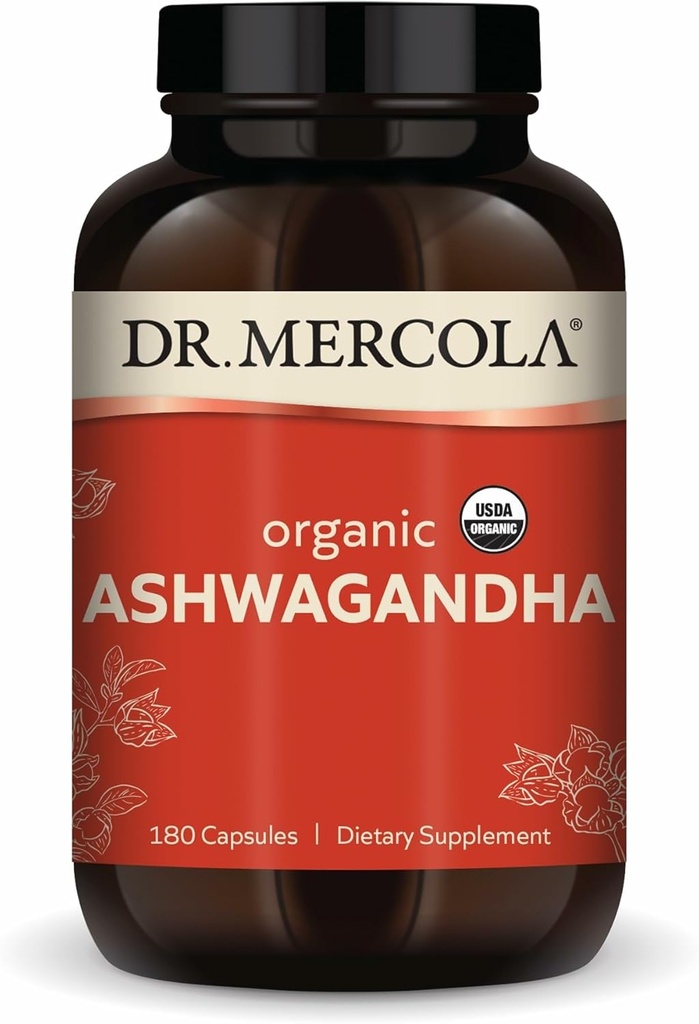 Dr. Mercola Organic Ashwagandha - Supports Energy Production & Adrenal Health - 800 mg Por Serving - Non-GMO, Gluten-Free &amp; Soy-Free - Certified USDA Organic - 180 Capsules (90 Servings)