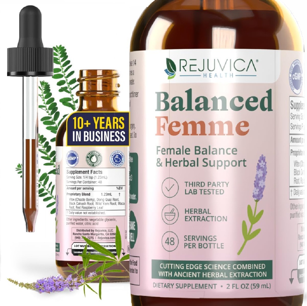 Rejuvica Health Balanced Femme - Advanced Female Balance Support Supplement - Liquid Delivery for Better Absorption - Vitex, Dong Quai, Black Cohosh, Maca Wild Yam &amp; More!