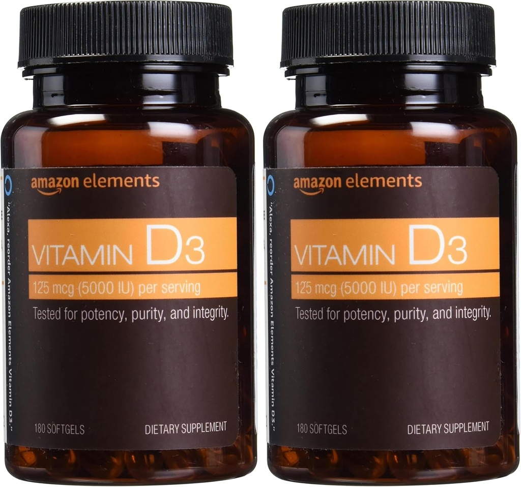 Elementos Vitamina D3, 5000 UI, 180 Softgels, 6 Month Supply (Packaging May Vary), soporta huesos fuertes y salud inmune (Pack of 2)