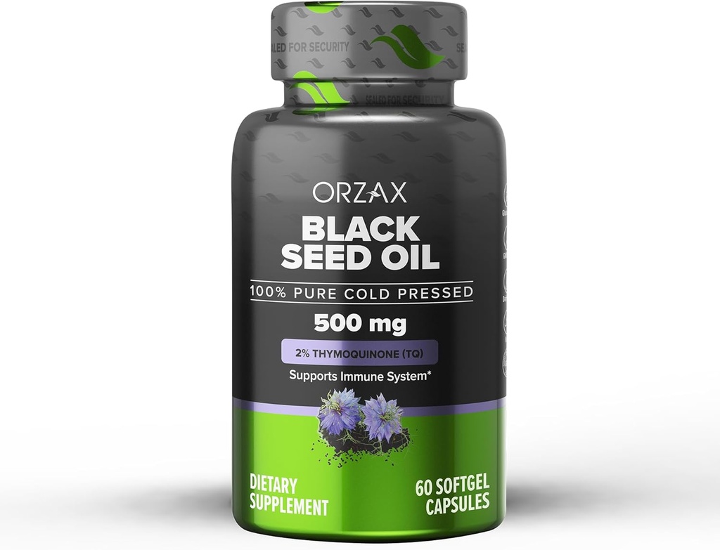 ORZAX Black Seed Oil Cold Pressed 100% Pure ← Non-GMO - Rich in Omega 3 6 9 " Thymoquinone ← Black Cumin Nigella Sativa Oil for Immune Support, Hair, Skin, Face (500 mg - 60 Softgel Capsules)