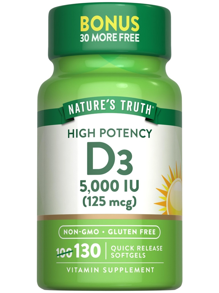 La verdad de la naturaleza Vitamina D3 5000 UI Softgels ← 130 Cuenta  sometida High Potency ¦ Non-GMO &amp; Gluten Free Supplement