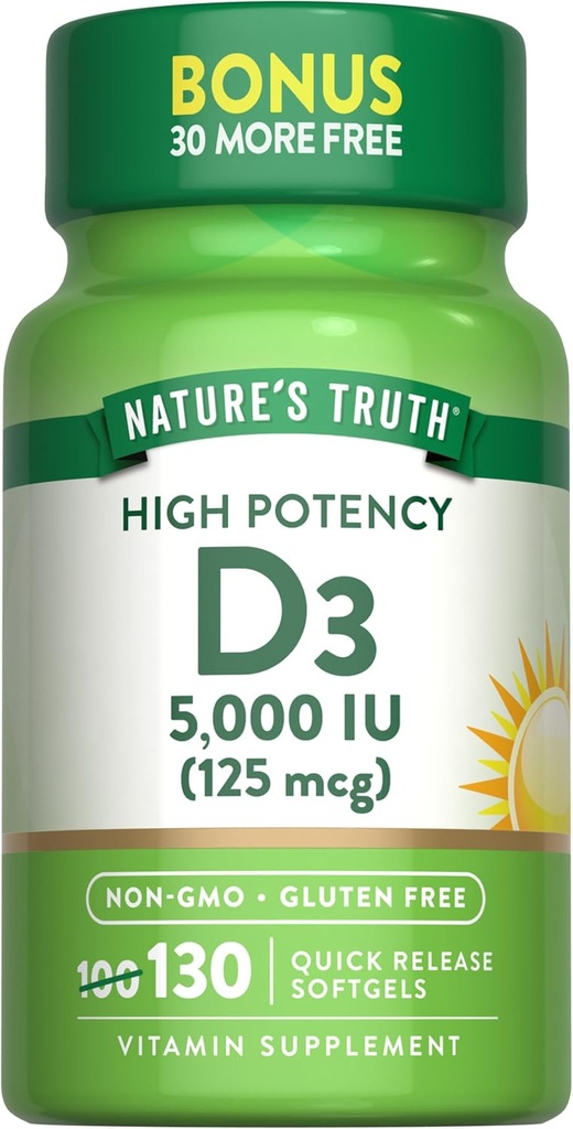 La verdad de la naturaleza Vitamina D3 5000 UI Softgels ← 130 Cuenta  sometida High Potency ¦ Non-GMO &amp; Gluten Free Supplement