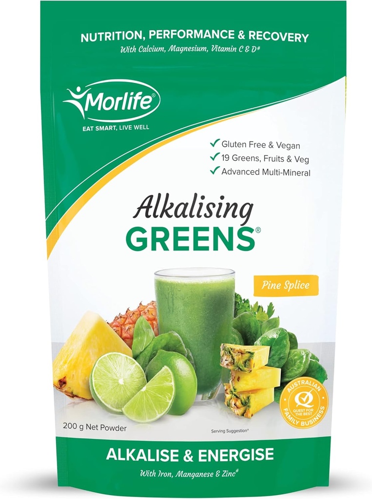 Morlife Alkalising Greens Powder Supplement, Pine Splice, 19 Super Greens, Fruits and Vegetables, Pre &amp; Probiotics, Key Alkalizing Minerals, Vegetarian Superfood Formula, 7 oz, 20 Servings