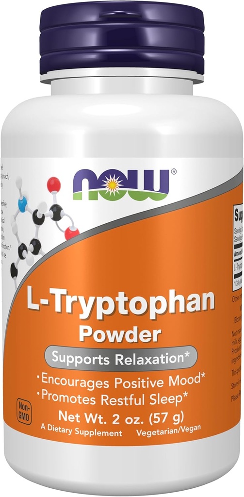 AHORA Suplementos de alimentos, L-Tryptophan Powder, Free-Form, apoya la relajación*, Amino Acid, 2-Ounce