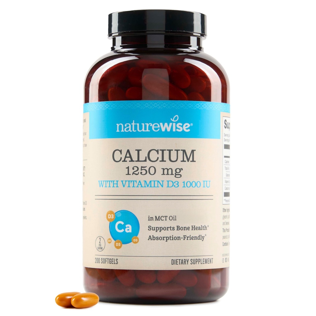NatureWise High-Purity, All-Natural Calcium 1250mg + Vitamin D3 1000IU + Organic MCT Coconut Oil - Embarazo Seguro + No GMO - Absorción Amable, Gluten Gratis - 200 Softgels[100-Day Supply]