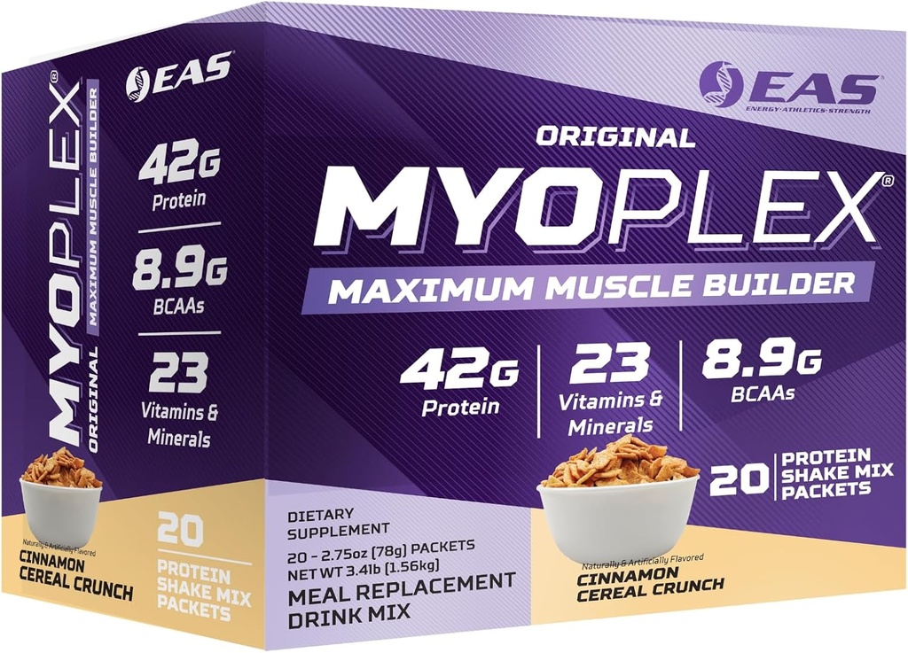 EAS Experimental and Applied Sciences Original Myoplex Maximum Muscle Builder, Meal Replacement Protein Drink Mix ← Calidad Protein Blend ← 42g Protein ← 20 Individual Packet (Cinnamon Cereal Crunch)
