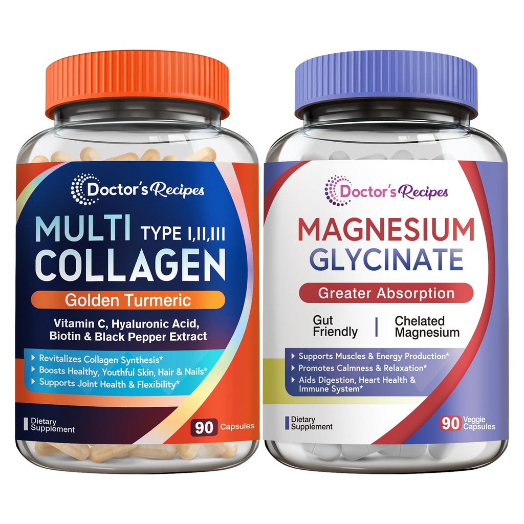 Doctor's Recipes Multi Collagen Complex & Magnesium Glycinate Bundle, Whole Body Rejuvenation, Relax & Relief, Collagen Capsules 90 ct & Magnesium Capsules 90 ct