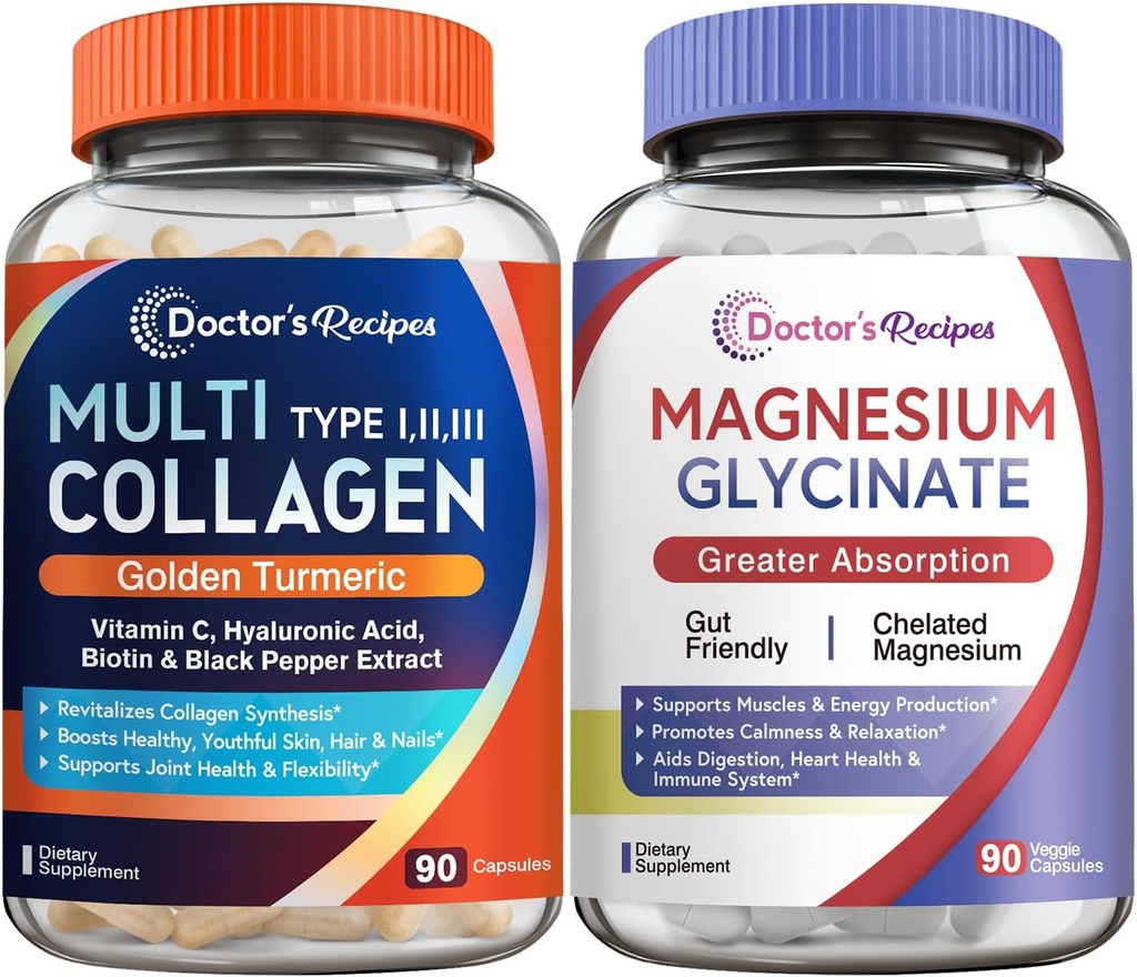 Recetas del médico Complejo multi Collagen &amp; Magnesium Glycinate Bundle, Rejuvenecimiento completo del cuerpo, Relaja &amp; Alivio, Collagen Capsules 90 ct &amp; Magnesium Capsules 90 ct