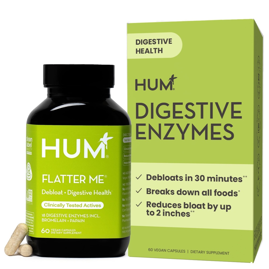 HUM Flatter Me Digestive Enzymes for Women ' Men, Digestive Health Bloating Suplemento con Ginger &amp; Peppermint Leaf, Fast Acting Anti Bloat Pills Multi Enzyme for Debloating, Vegan, 60 cápsulas