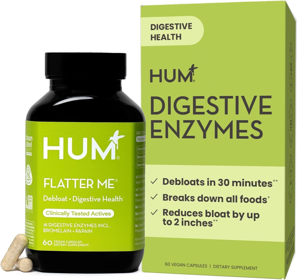 HUM Flatter Me Digestive Enzymes for Women ' Men, Digestive Health Bloating Suplemento con Ginger &amp; Peppermint Leaf, Fast Acting Anti Bloat Pills Multi Enzyme for Debloating, Vegan, 60 cápsulas