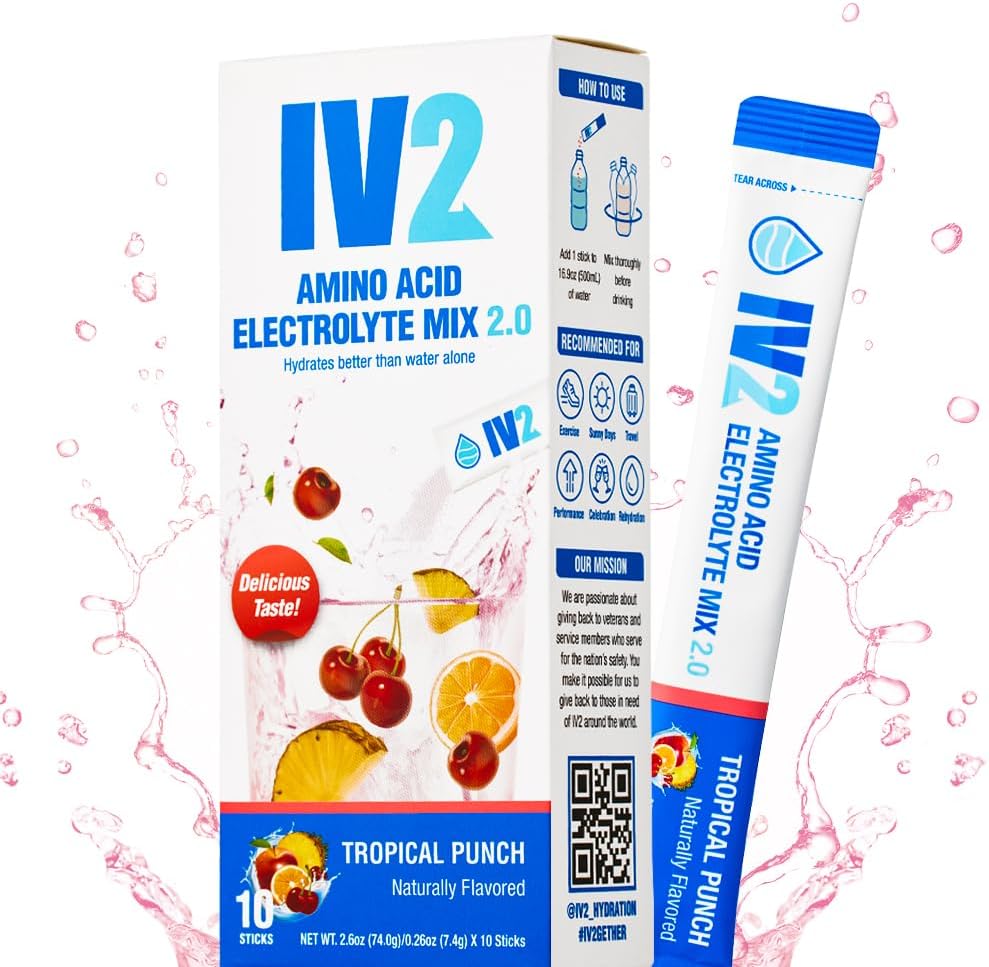 IV2-Zero Sugar Amino Acid Hydration Powder I Electrolyte Drink Mix I Essential Vitamins I Vegan, Non-GMO, Glunten-Free I Next Level Hydration (10 Count)